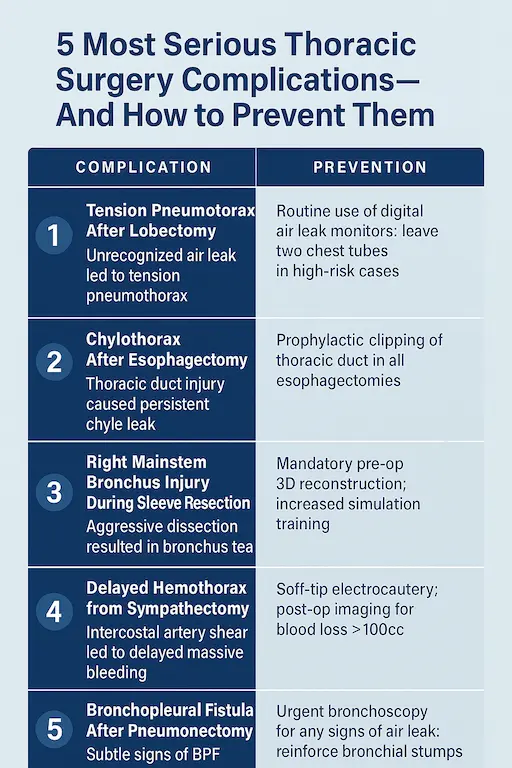 Visual summary of worst thoracic surgery complications with key takeaways