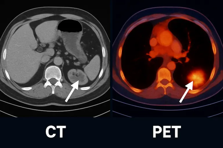 Side-by-side illustration of a CT and PET scan highlighting a lung nodule