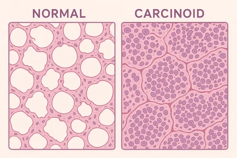 Microscopic illustration showing normal lung tissue and atypical carcinoid tumor
