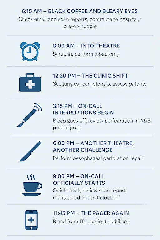 Infographic showing a life of a thoracic surgeon daily schedule.