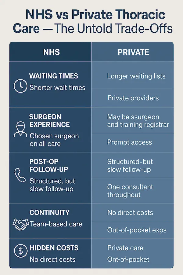 NHS vs Private Thoracic Care — The Untold Trade-offs 1 NHS and Private Sectors comparison infographic showing differences in waiting times, continuity, and surgeon access
