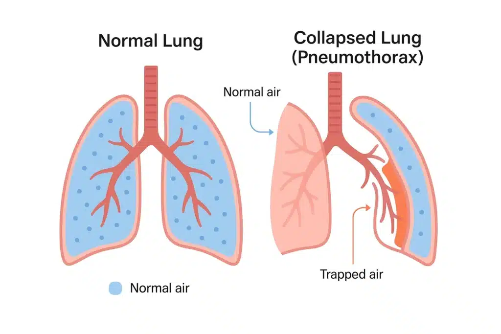 Infographic showing a healthy lung vs a collapsed lung with trapped air in the pleural space.