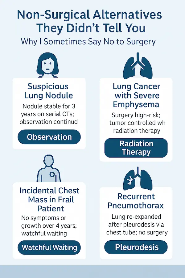 Infographic showing 4 non-surgical alternatives to thoracic surgery: lung nodule observation, SBRT for emphysema patients, watchful waiting for frail patients, and pleurodesis for pneumothorax