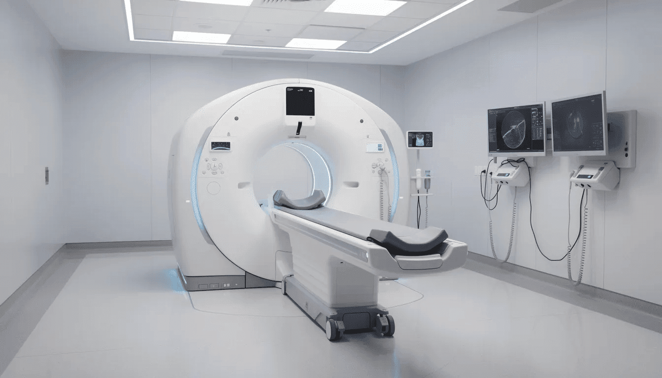 The image shows a modern CT scanner machine located in a hospital radiology department, designed for performing imaging tests such as CT scans to detect lung nodules and other lung diseases. This advanced equipment is essential for diagnosing conditions like lung cancer and monitoring patients with pulmonary nodules.