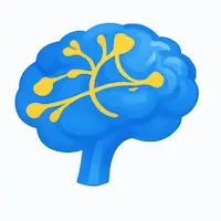 Stylized blue brain with yellow neural pathways representing cognitive and neural activity