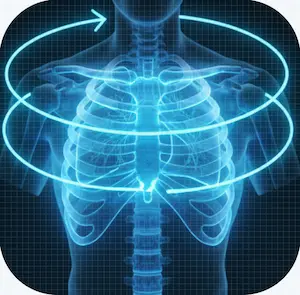 Rib Fractures 3 Glowing blue ribcage with circular arrows indicating thoracic rotation