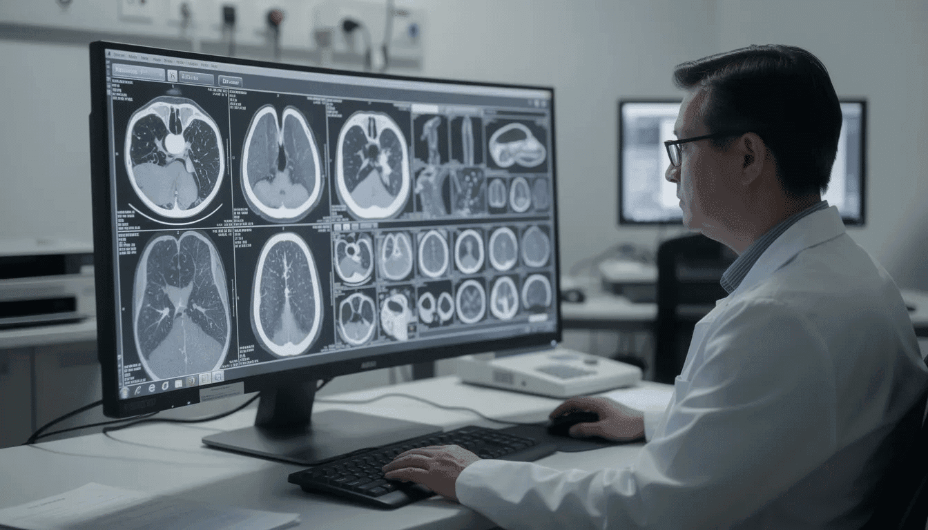 A medical professional is intently examining chest CT scan images displayed on a computer monitor, focusing on lung nodules and their potential implications for lung cancer screening. The environment suggests a clinical setting where the doctor reviews imaging tests to assess the patient's lung health and determine appropriate treatment options.