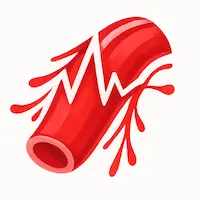 Stylized broken blood vessel with red rupture and spurting blood indicating hemorrhage