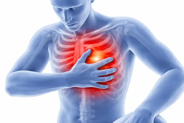 Semi-transparent human figure clutching chest, red glow indicating chest and rib pain.