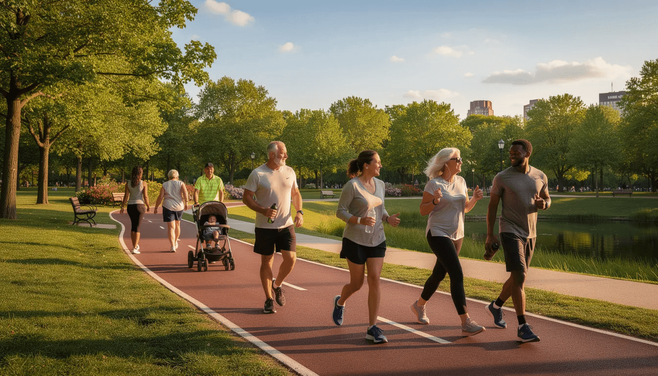 A group of people is walking outdoors in a park, enjoying the fresh air and maintaining a healthy lifestyle. The scene reflects the importance of physical activity for overall health, which can contribute to preventing lung diseases and promoting lung health.