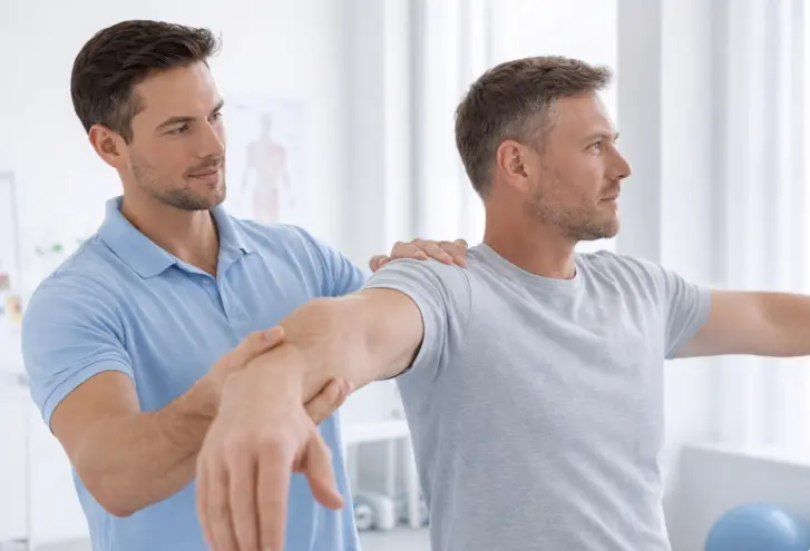 Physical therapist assisting patient with shoulder mobility exercise in clinical rehab setting