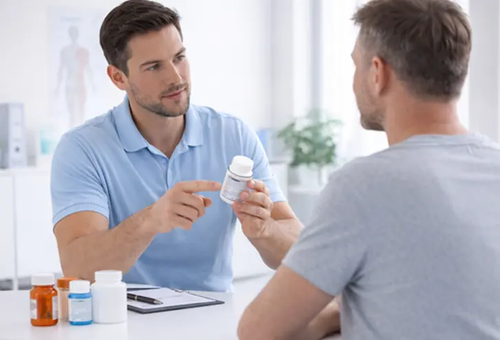 Doctor in blue polo shirt discussing medication with patient during thoracic outlet syndrome treatment session