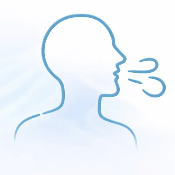Person exhaling with visible airflow lines