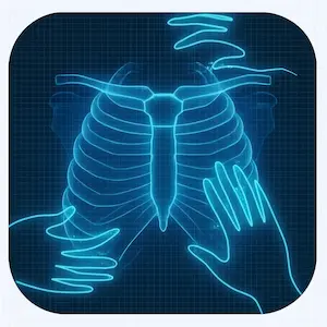 Rib Fractures 1 Glowing blue ribcage with hand touching lower ribs
