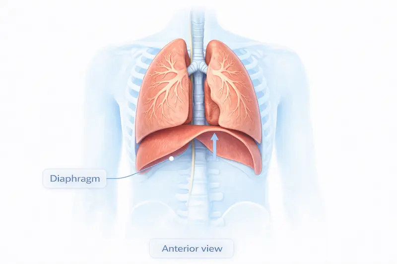 Diagram of lungs and diaphragm with upward motion, related to diaphragmatic plication