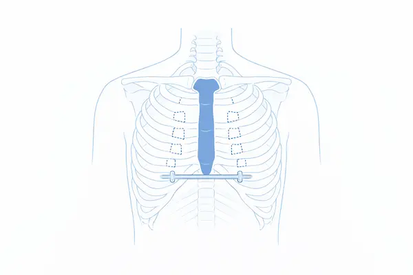 Chest Wall Deformities 6 Medical illustration of a human chest showing the sternum, ribs, and a surgical support bar placed behind the sternum, useful for comparing surgical concepts with pectus excavatum treatment.