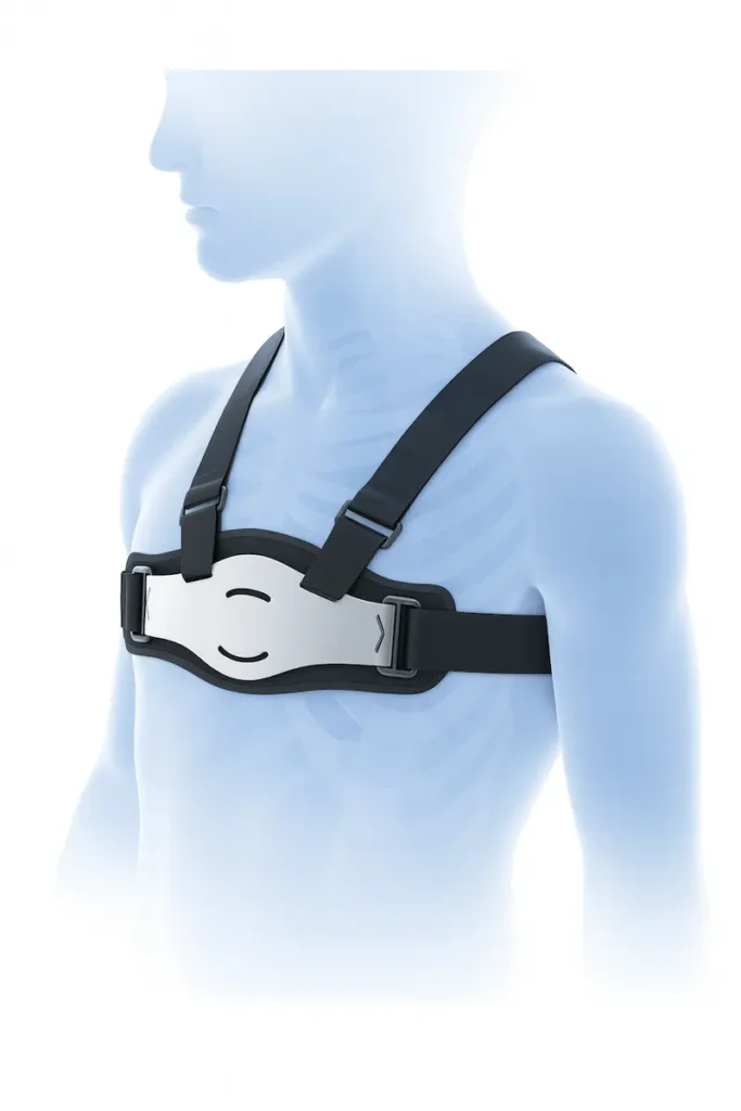 Chest Wall Deformities 8 Illustration of a person wearing a vacuum bell device on the chest with shoulder straps, used in non‑surgical therapy for pectus excavatum.
