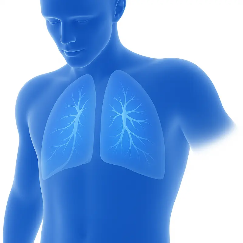 Illustration of the human upper torso showing the lungs and bronchial tree in blue tones, often used by a thoracic surgeon to explain respiratory anatomy