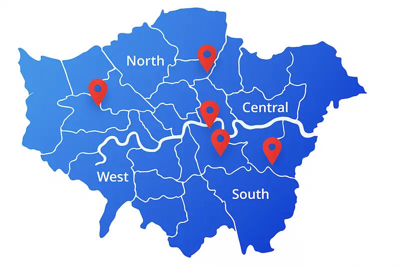 London map with five regions highlighted and markers indicating areas relevant to a thoracic surgeon