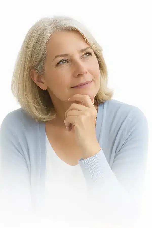 Older woman in a light blue cardigan looking upward in a thoughtful pose