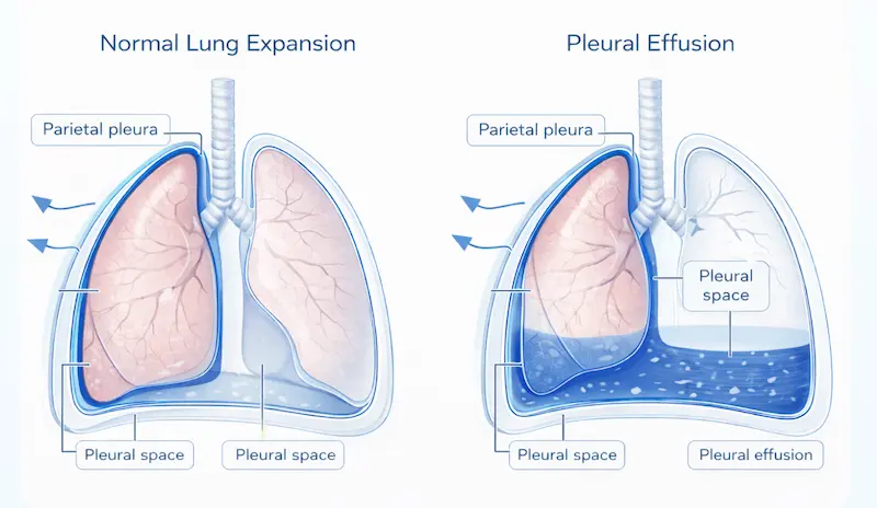 Pleural Biopsy and Pleurodesis 1 Diagram comparing normal lung expansion with pleural effusion, showing fluid buildup and referencing pleurodesis as a treatment option