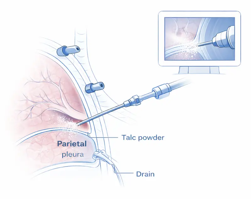 Pleural Biopsy and Pleurodesis 3 Talc pleurodesis procedure showing talc being applied to the parietal pleura through a thoracoscopic instrument