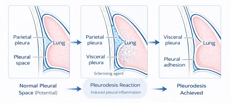 Pleural Biopsy and Pleurodesis 4 Three‑panel diagram showing normal pleural space, inflammatory reaction during pleurodesis, and final adhesion of pleural layers