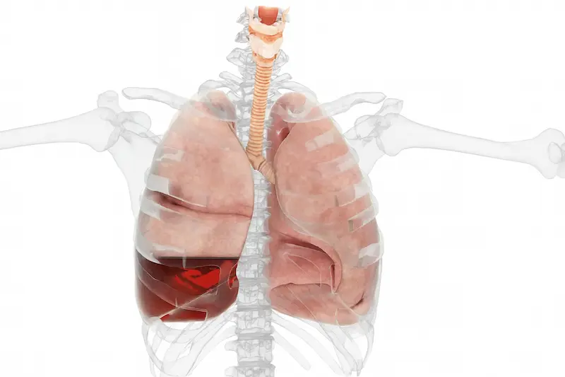 Medical illustration of the thoracic cavity showing a partially collapsed lung and blood filling the pleural space, resembling hemothorax or complications such as empyema