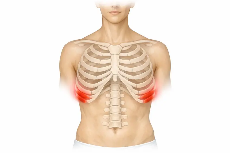 Rib Flare: A Complete Guide for Patients 1 “Human torso illustration showing ribcage with lower ribs on both sides highlighted in red to indicate rib flare or pain