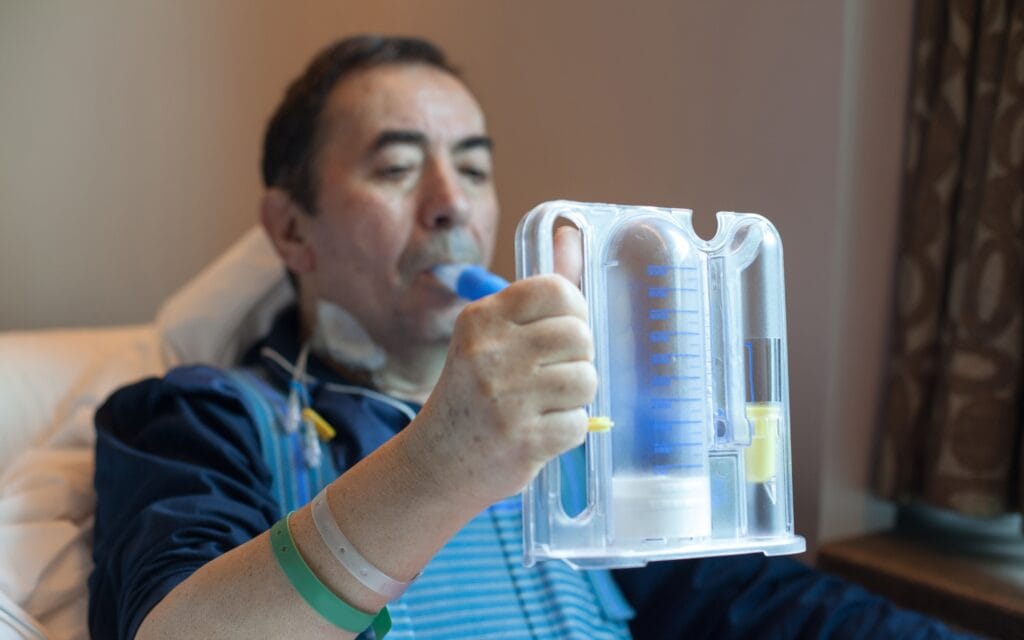 Patient performing breathing exercise