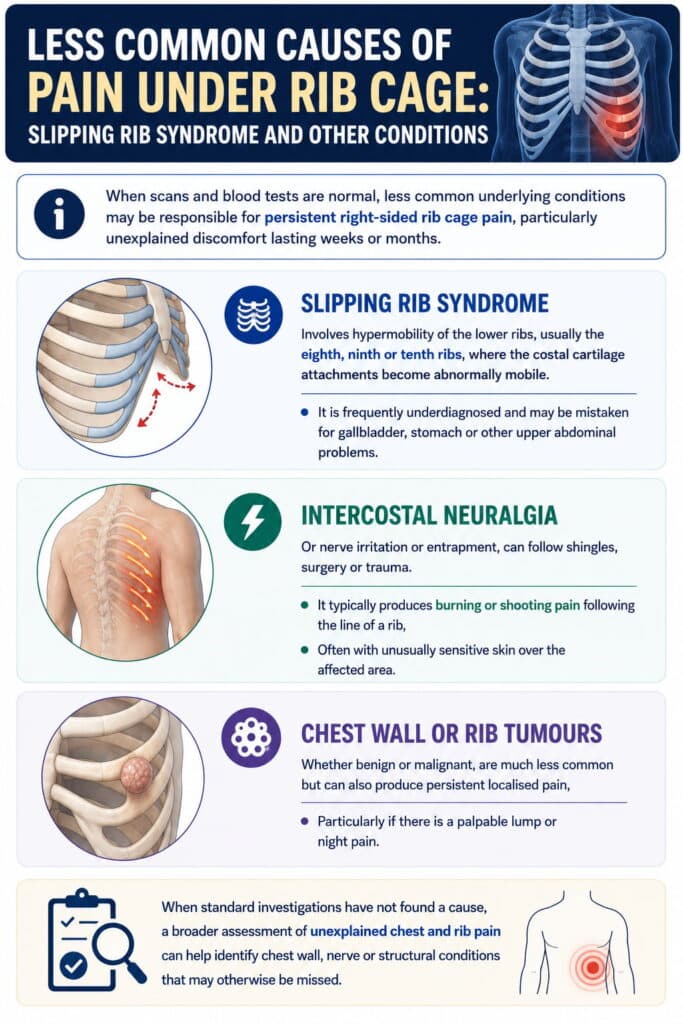 Pain Under the Right Rib Cage: Causes, Warning Signs and Treatment Options 2 Less Common Causes: Slipping Rib Syndrome and Other Conditions